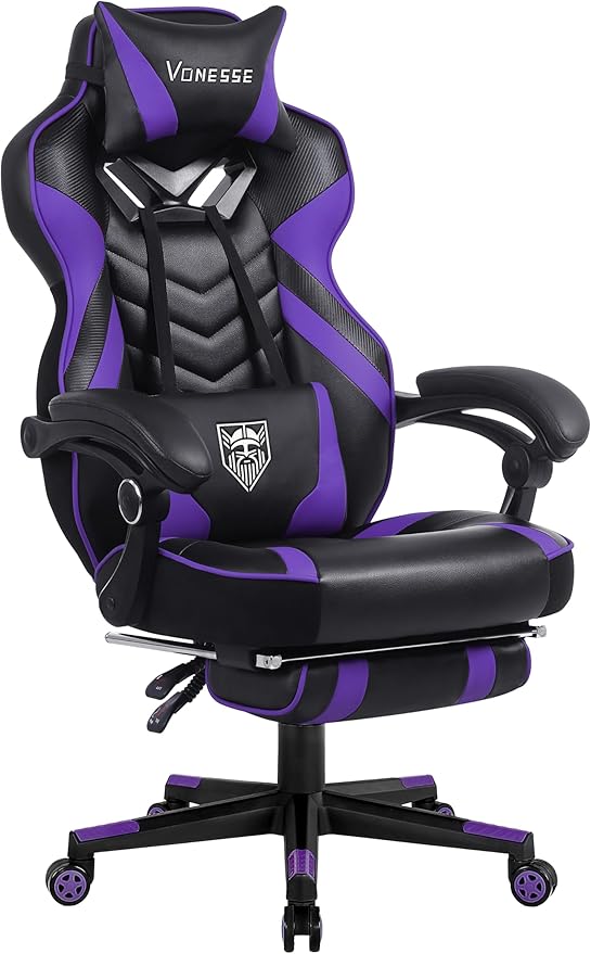 Vonesse Gaming Chair Big and Tall Gaming Chair with Footrest and Massage Gaming Chairs for Adults with Lumbar Support Ergonomic High Back Computer Chair with Pocket Spring Cushion (Purple/Black)