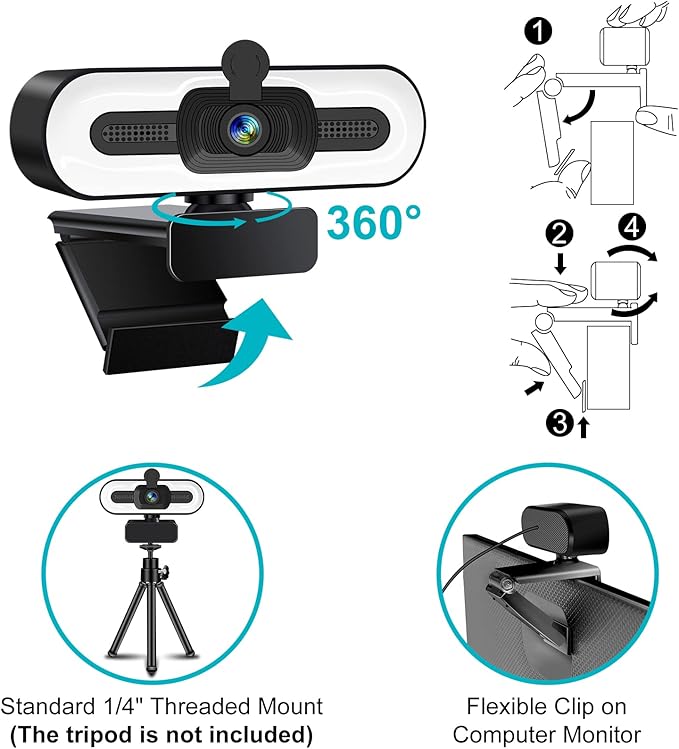 1080P Webcam with Microphone for Desktop USB PC Laptop Computer Camera with Ring Light &amp Webcam Cover 3 Light Colors 110 Wide Angles View Plug and Play