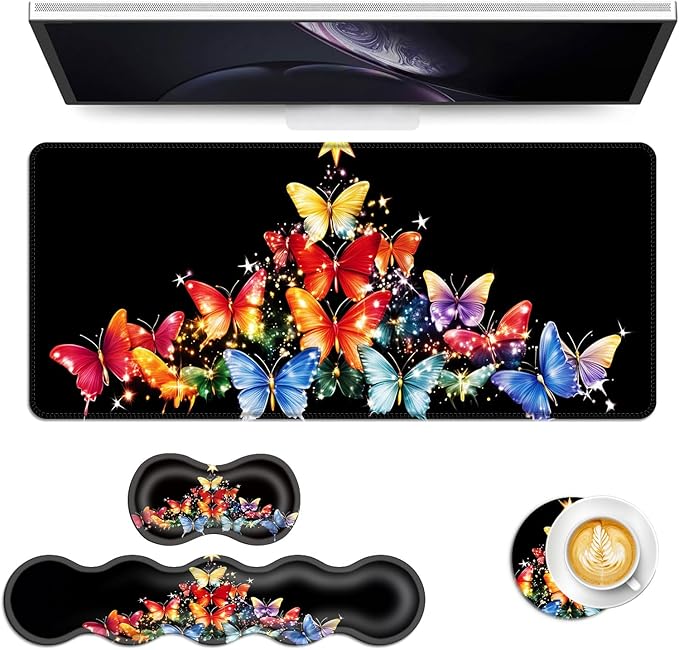 Keyboard Mouse Pad Set Extended Gaming Mouse Pad+Ergonomics Keyboard Wrist Rest Support Memory Foam Easy Typing Pain Relief 4Pcs XL Ultra Thick Desk MatButterfly Christmas Tree