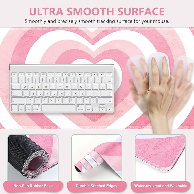 iLeadon Pink Desk Mat Desk Pad + Pink Mouse Pad with Wrist Rest + Keyboard Wrist Rest + Coaster 4in1 Mouse Pad Set Mouse and Keyboard Pad for Home Office Heart Pink