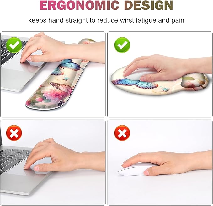 Gaming Mouse Pad Large Desk Mat Cute Desk Pad Protector 4in1 XXL Mousepad + Keyboard Wrist Rest+Mouse Wrist Rest+Coaster Set with Ergonomic Desk Pad for Home Office PC Computer Butterflies Flowers