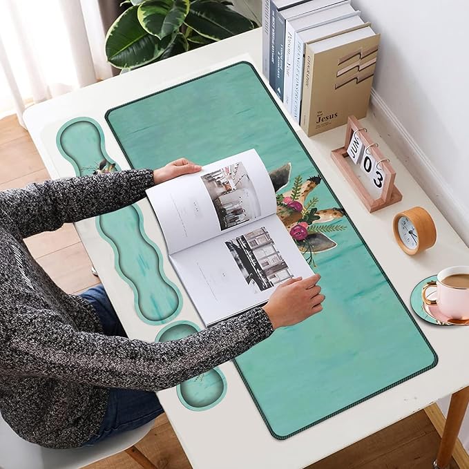 4 in 1 Mouse Pad Combo Large Gaming Mouse Pad + Keyboard Wrist Support + Mouse Wrist Rest + Coaster Table Pad with Stitched Edge Memory Foam Ergonomic Wrist Pad Set Giraffe with Floral Headgear
