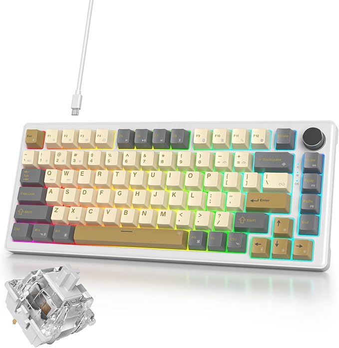 75% Brown Creamy Mechanical Keyboard Wired Creamy Sound Gasket Gaming Thocky Keyboard with Knob Hot Swappable RGB Custom Keyboard Pre-lubed Cream Switch Keyboard (82 Caramel)