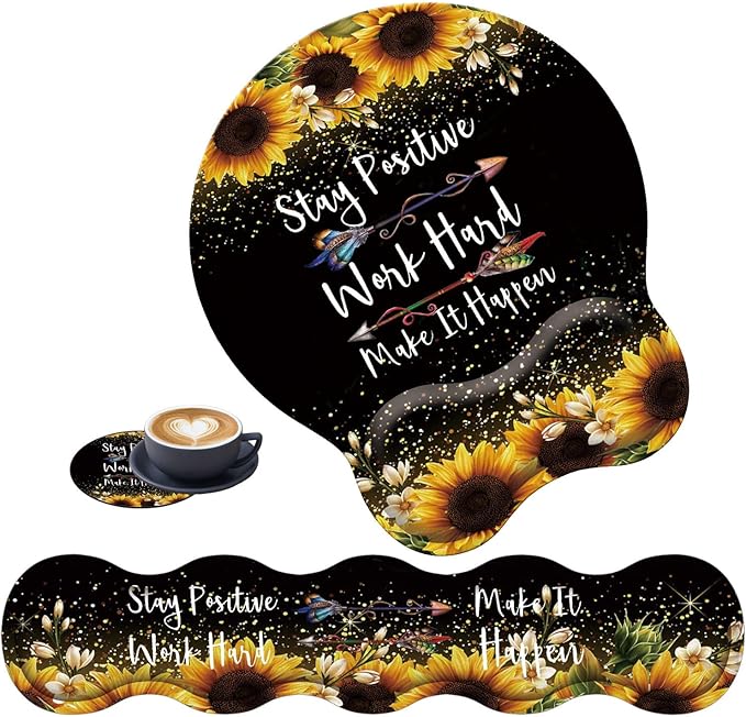 3 in 1 Keyboard Wrist Rest + Mouse Pad and Coaster Ergonomic Gel Mouse Pad and Keyboard Pad Set Comfortable Lightweight for Easy Typing Pain Relie Sunflower Inspirational Quote