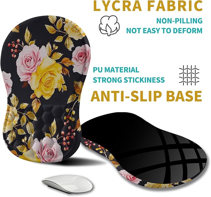 Hokafenle Ergonomic Mouse Pad Wrist Support Wrist Rest Mousepad for Carpal Tunnel Pain Relief with Integrated Memory Foam Slope Massage Bulge (11.8x7.9 inchGolden Powder Flower