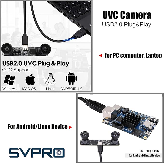 SVPRO Dual Lens USB Camera Module 1080P 60fps UVC Industrial Camera Board Synchronization Record in Color with Dual M12 LensDistortion-Free Wide Angle USB Board Camera for 3DVRBiometric Detection