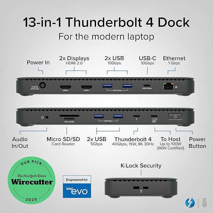 Plugable Thunderbolt 4 Dock with 100W Charging Thunderbolt Certified Laptop Docking Station Dual Monitor Single 8K or Dual 4K HDMI for Windows and Mac 4X USB Gigabit Ethernet (TBT4-UD5)