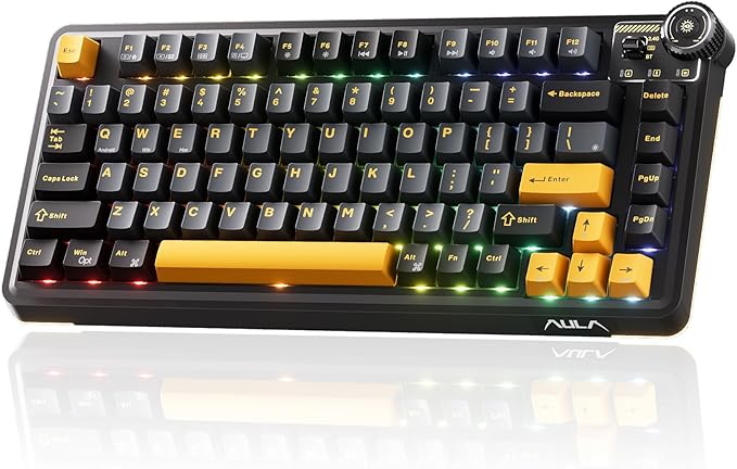 AU75 Wireless Mechanical Keyboard x Aula 75% Hot-Swappable RGB Gaming Keyboard with Multi-Device Connectivity Customizable LED Backlit Knob Control PBT Keycaps for Windows Mac PC Tablet