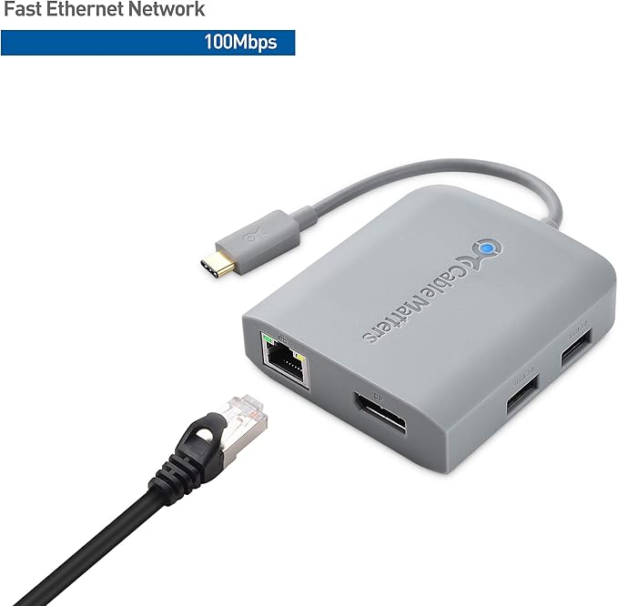 Cable Matters USB C Hub DisplayPort 4K@60Hz (USBC DisplayPort Hub) 100Mbps Ethernet 2X USB 60W Host Charging in Gray - Thunderbolt 4 / Thunderbolt 3 Port Compatible for MacBook Pro