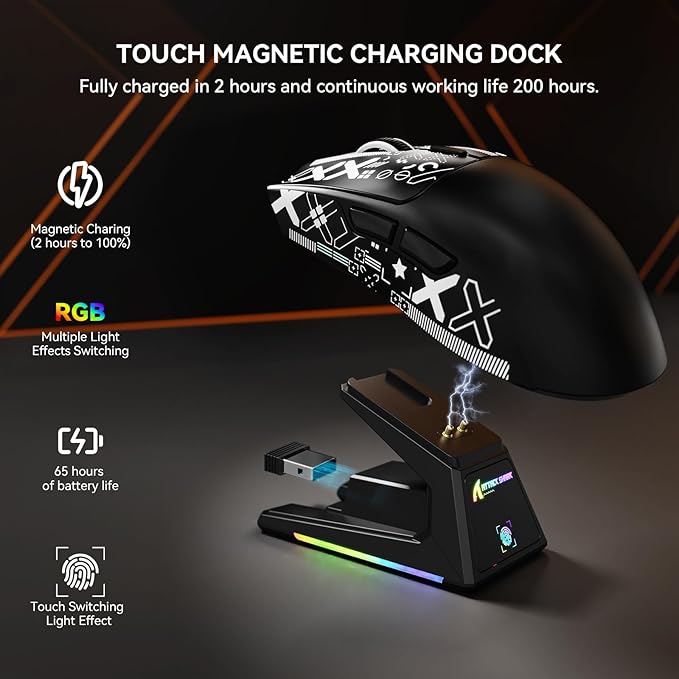X1 Superlight Wireless Gaming Mouse with RGB Magnetic Charging Dock BT/2.4G Wireless/Wired Gaming Mouse PAW3395PRO Gaming Sensor 40000DPI Tape 53g Office Mice for PC/Mac/Win/Xbox (Black)