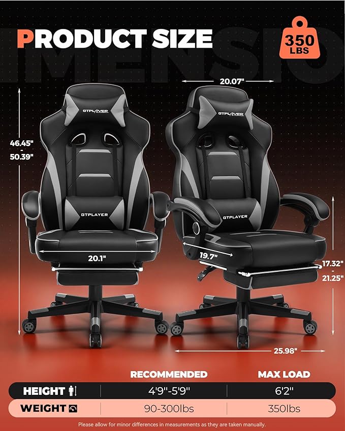 GTPLAYER Gaming Chair with Footrest Big and Tall Computer Game Chair 350lb Racing Style Ergonomic High Back Lumbar Support and Recliner Moon Gray
