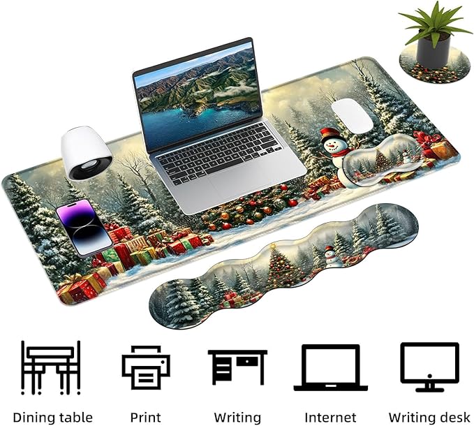 Keyboard Mouse Pad Set Extended Gaming Mouse Pad+Ergonomics Keyboard Wrist Rest Support Memory Foam Easy Typing Pain Relief 4Pcs XL Ultra Thick Desk MatChristmas Tree Snowman