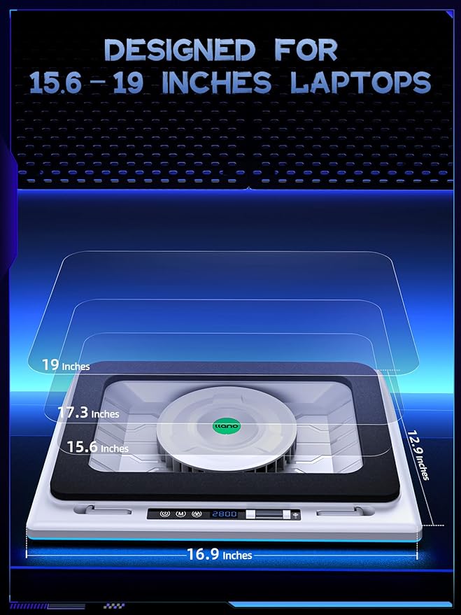 llano RGB Laptop Cooling Pad White Powerful Turbofan Quiet Cooling Touch Control LCD Screen Seal Foam 15-19in Laptops