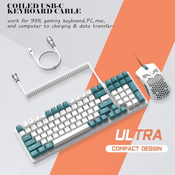 ZIYOULANG K3 Mechanical Gaming Keyboard and Mouse Combo - 98Key RGB Backlit Blue Switch Ultra-Light Honeycomb Shell Mouse Compact Design Wired Coiled Cable for PC/Mac/Windows (Green)
