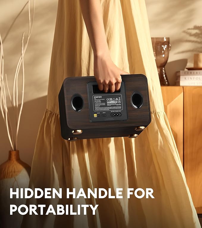 Edifier D32 Tabletop Wireless Speaker Hi-Res Audio LDAC ALAC 60W (RMS) 2.1 Acoustic Architecture 11h Playtime APP Control Bluetooth 5.3 AirPlay2 USB-C and AUX Inputs Black Walnut