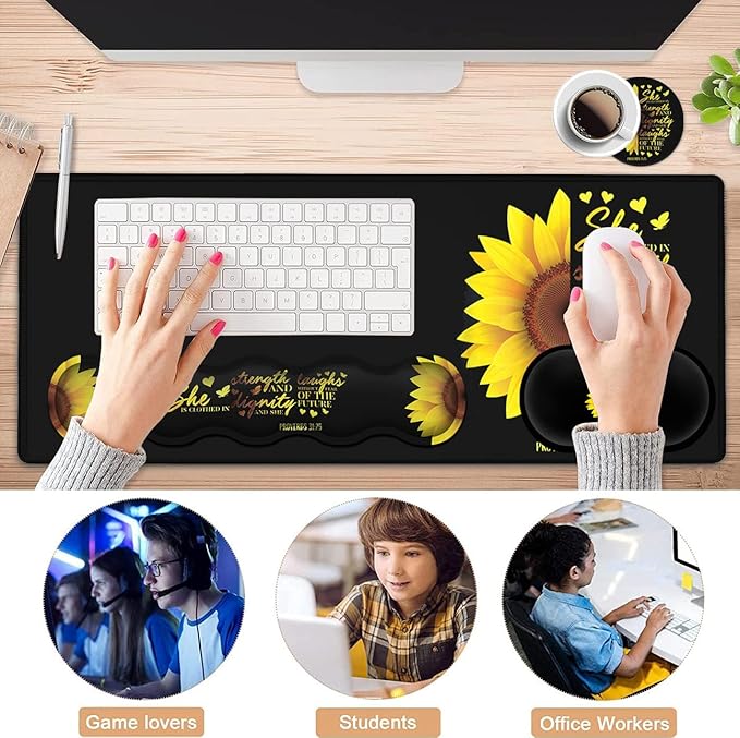 Gaming Black Mouse Pad + Keyboard Wrist Rest XL Large Mouse Mat Sunflower Christian Verse Proverbs 31-25 Extended Desk Pad Non-Slip Rubber Mice Pads Stitched Edges Pad (31.5x11.8 in)