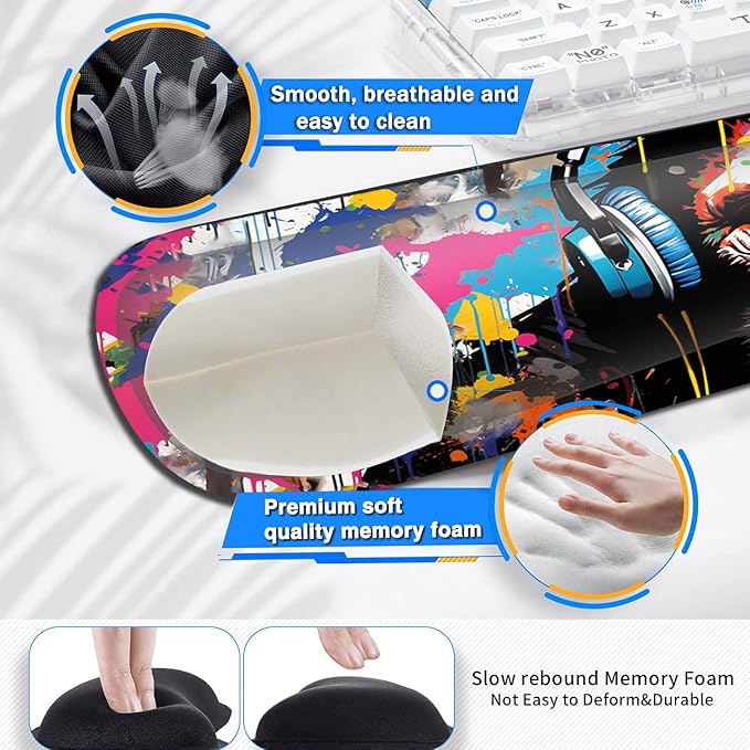 Large Gaming Mouse Pad+ Keyboard Wrist Rest Set Ergonomics Memory Foam Mouse Mat Wrist Rest Support Waterproof Extended Mousepad 31.5x11.8in Gorilla Painted Headphones Desk Pad