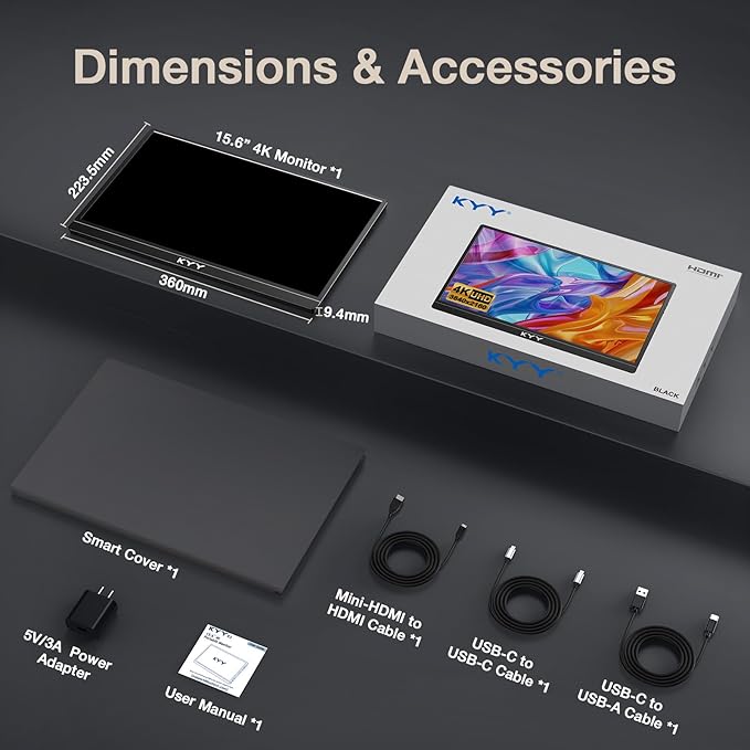 KYY 4K Portable Monitor – 15.6 UHD IPS Travel Display Slim &amp Lightweight Design HDMI &amp USB-C Inputs Perfect for PS5 Xbox Switch Laptops Phones and On-the-Go Professionals K5