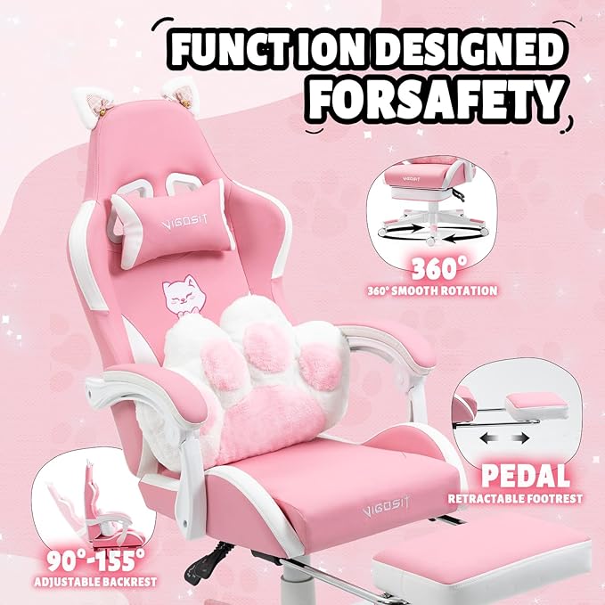 Cat Ears Gaming Chair - Pink PU Leather Ergonomic Reclining Office Chair with Footrest 310lb Capacity 6-Position Recline 360° Swivel