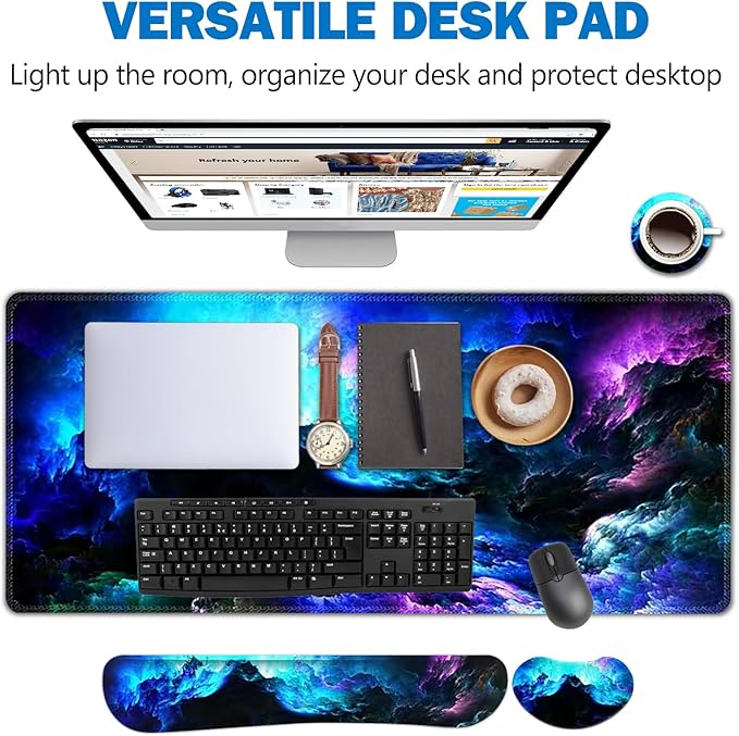 AIMSA Keyboard Mouse Pad Wrist Rest Set Extended Desk Mat+ Ergonomic Mouse Pad with Wrist Rest+ Keyboard Wrist Support+ Coaster 35x15.7in Large Mousepad for Home Office Nebula Galaxy