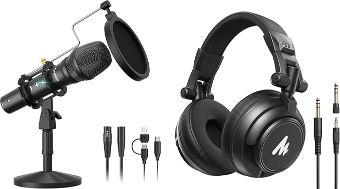 MAONO HD300T USB/XLR Podcast Microphone and MH601 Pro Studio Monitor Headphones