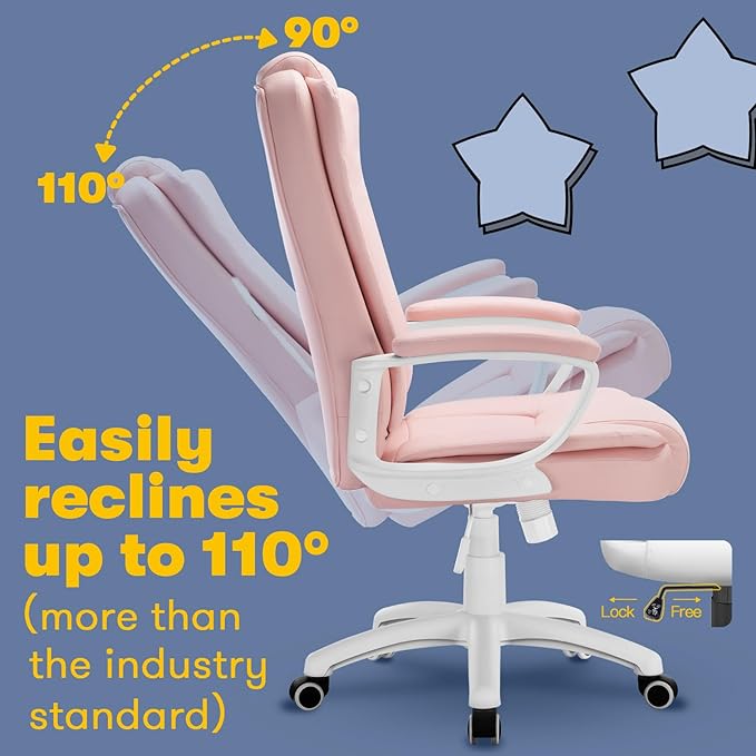 OFIKA Home Office Chair Ergonomic Desk Chair Adjustable Task Chair for Lumbar Back Support Computer Chair with Rolling Swivel and Armrest Modern Executive High Back Leather Chairs (Pink)