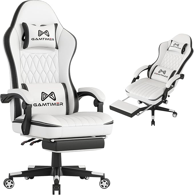 Gaming Chair with Footrest Ergonomic Computer Chair PU Breathable Material with Headrest and Lumbar Support Suitable for Silla Gamer and Adults (White)