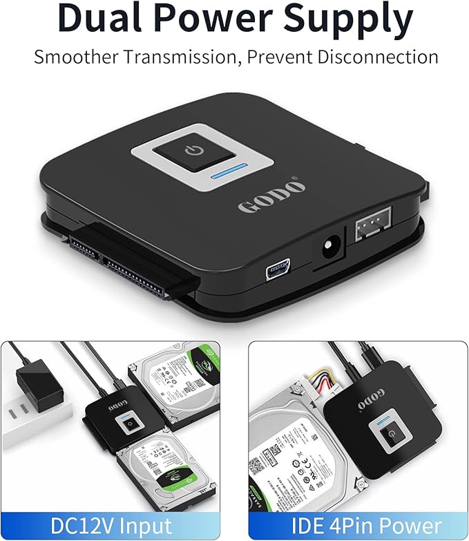 GODO SATA/IDE to USB 3.0 AdapterIDE Hard Drive Adapter Kit Cable Converter for 2.5/3.5 inch and SATA HDD/SSD5.25 CD-ROM/DVD-ROMInclude 12V/2A Power
