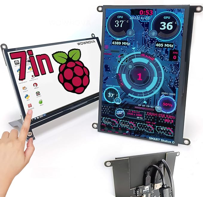 WOWNOVA 7 Computer Sensor Panel LCD Screen PC Temperature Monitor Display Secondary Screen PC Accessories for PC Case Compatible with Raspberry Pi and Windows 7/8/10/11 (Touch Screen)