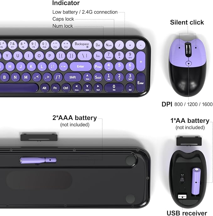 Wireless Keyboard and Mouse Combo MOWUX Compact Typewriter Retro Round Computer Keyboard Cute Optical Mouse Wireless Plug and Play for Laptop PC Computer- Black Purple Gradient