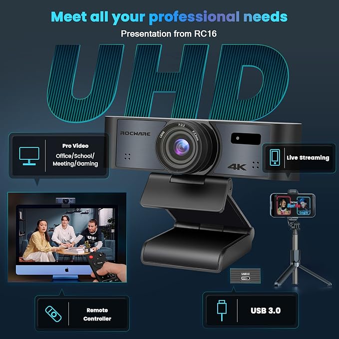 ROCWARE 4K Webcam with Remote RC16 Computer Camera with Microphone1080p 60fps FHDAI TrackingPrivacy Cover WDR110°FOV8X Digital ZoomStreaming Camera for PC/Meeting/Teaching/Zoom