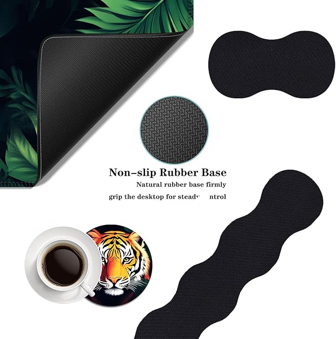 Mouse PadLarge Desk Mat Set 4in1 XL Mousepad + Keyboard Wrist Rest+Mouse Wrist Rest+Coaster with Ergonomic Desk Pad for Home Office Table Computer Cover -Tiger with Jungle Flowers