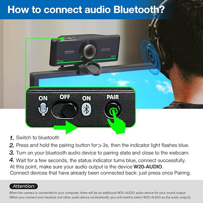 Gsou Webcam with Headset and Microphone 1080P Webcam with Privacy Cover Plug and Play Web Camera for Desktop Computer Zoom Meetings Audio Bluetooth only for Headset