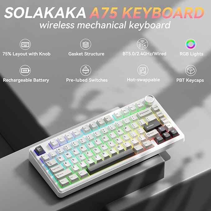 SOLAKAKA A75 75% Wireless Mechanical Keyboard Hot Swappable Gaming Keyboard with Multifunction Knob &amp RGB Gasket Mounted Creamy Keyboard PBT Keycaps Compact Layout for Win/Mac/PC