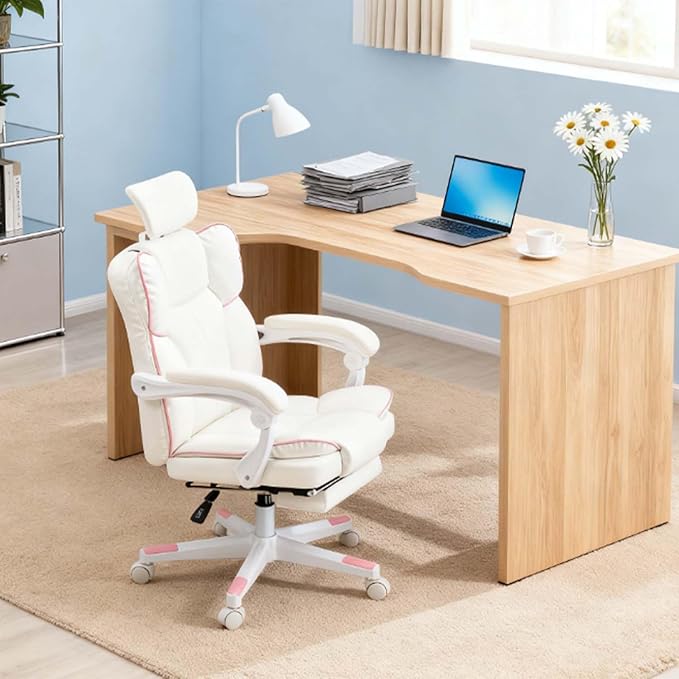 Ergonomic Office Desk Gaming Computer Chair Comfy High Back Executive Chairs with Armrests and Footrest Adjustable Height Swivel Rolling PU Leather Video Game Chairs for Home (White)