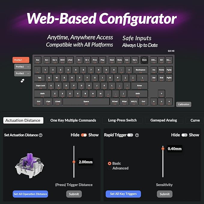Keychron Q3 HE Wireless Custom Mechanical Keyboard 2.4 GHz/Bluetooth/Wired QMK Rapid Trigger 80% TKL Hot-Swappable Programmable RGB Gateron Double-Rail Magnetic Switches for Mac Windows Carbon Black