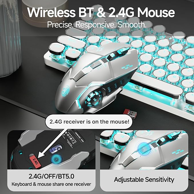 EWEADN TK950 Typewriter Mechanical Keyboard and Mouse 104 Keys Aesthetic Typewriter Keyboard Mouse Combo with Blue Backlit Anti-Ghosting Blue Switch Bluetooth/2.4GHz/Wired Cute Keyboards-White
