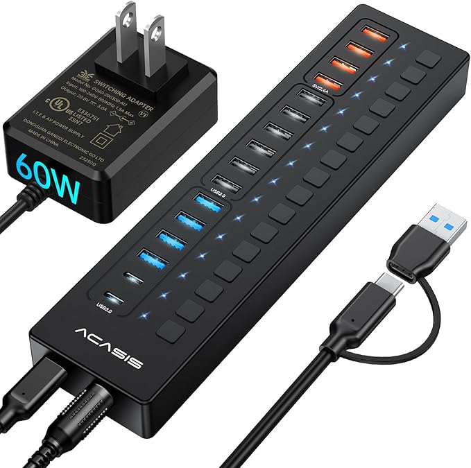 Powered USB 3.0 Hub ACASIS 16 Port USB Hub Powered(Include 2*USB C 3.0+4 Smart Charging Port) with 60W Power Adapter Support Wall Mount USB Hub for PC Laptop Mac Printer Camera