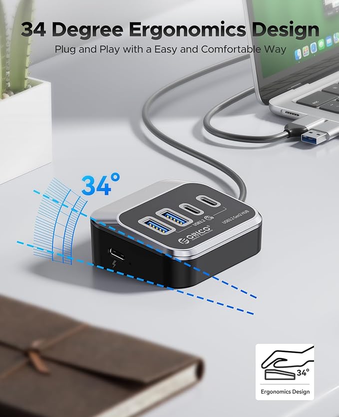 ORICO USB Hub 10Gbps with 2 USB A Ports+2 USB C Ports USB 3.2 Gen 2 Hub with 3.28Ft USB-C-A/C Cable USB Splitter for iMac MacBooks Mac mini