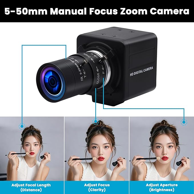 8MP USB Camera – 10X Optical Zoom [5-50mm Varifocal CS Lens] | 3264×2448 Resolution | Plug &amp Play for Raspberry Pi/Windows/Linux