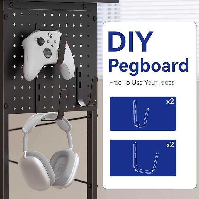 Pamray 64 Inch L Shaped Gaming Desk with Power Outlets and Led Lights Large Corner Computer Desk with Monitor Stand and Pegboard PC Table for Home Office and Bedroom Vintage