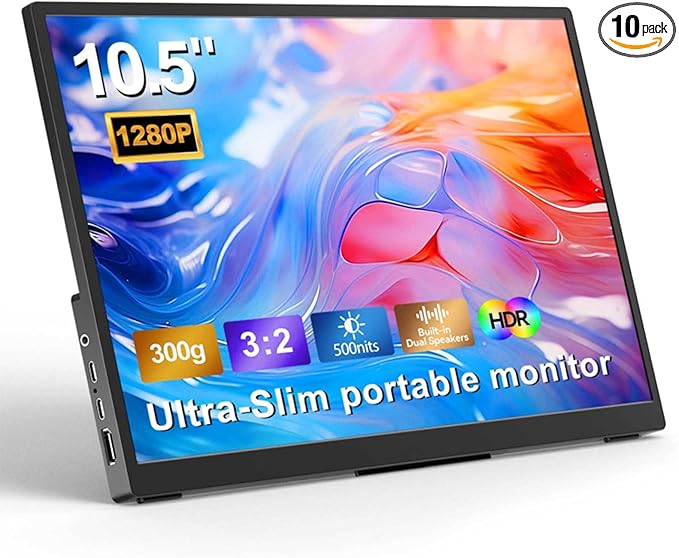 10.5''Portable Monitor for latop1920x1280P IPS Laptop Monitor Screen 3:2 500nits 2000:1 w/45° Adjustable Stand Standard HDMI USB-C Computer Display for Laptop Phone Mac PS4 Xbox