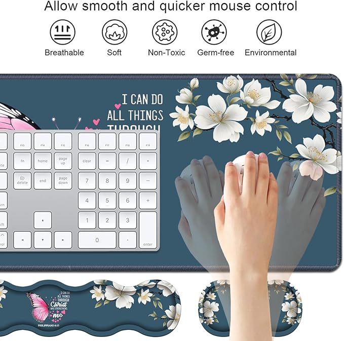 Ergonomic Keyboard Wrist Rest &amp Mouse Pad Wrist Rest Set Large XXL Gaming Desk Mat 31.5x 11.8 with Non-Slip Base for Home Office Study Gaming Floral Butterfly Quote Bible Verse Philippians 4:1