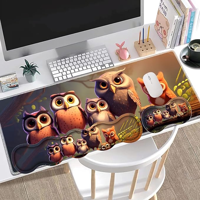 Large Gaming Mouse Pad + Keyboard Wrist Rest + Wrist Support + Coaster Set Memory Foam Ergonomic for Easy Typing XXL Extended Gaming Mouse Pad Table Pad - Cute Owl