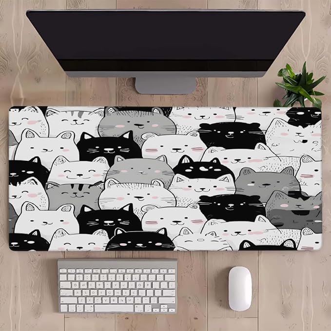 Large Black White Cat Mouse Mat Computer Mousepad with Non-Slip Rubber Base Waterproof Mouse Pad Desktop Keyboard Pad for GamerHome School Laptop Office Accessories16x35.5in