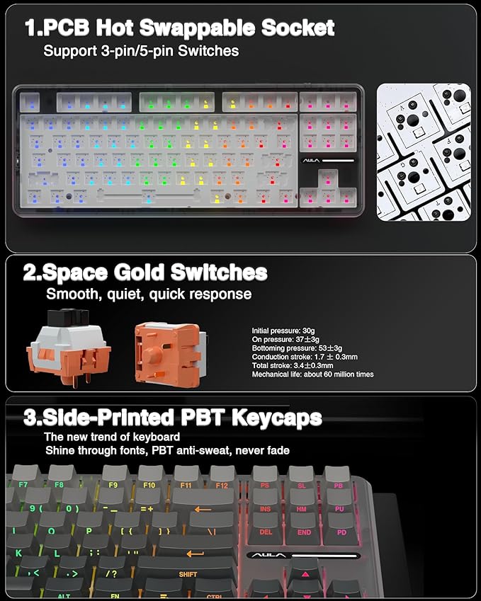 AULA F87 Pro Wireless Mechanical KeyboardTri-Mode BT5.0/2.4GHz/USB-C Hot Swappable Custom KeyboardPre-lubed SwitchesSide Printed PBT Keycaps75% TKL RGB Backlit Gaming Keyboards
