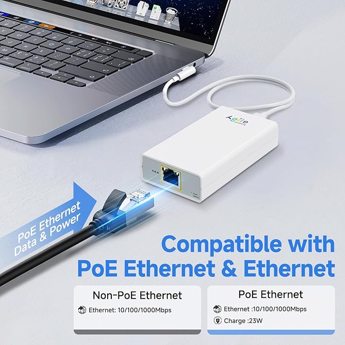 Gigabit PoE to USB C Converter for Smart Phone/Tablet USB-C to Ethernet Adapter with 23W Charging Power &amp Data 2-in-1 RJ45 Port to Type-C Adapter 10/100/1000Mbps High Speed Plug &amp PlayIEEE