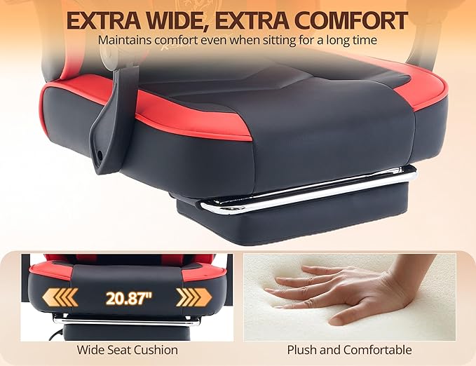 Office Chair Breathable Leather with Pocket Spring Cushion Wide and High Ergonomic Computer Gaming Chair with Headrest and Footrest for Adult and Teen Black and Red