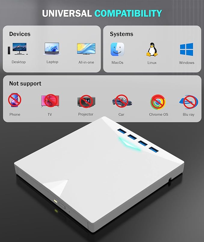 External CD/DVD Drive for Laptop PC8 IN 1 LED Portable DVD Drive CD Burner CD-ROM DVD-/+RW Writer Reader with TF/SD Card SlotsUSB 3.0 DVD Drive ExternalCompatible with MacWindows 11/10/8/7Linux