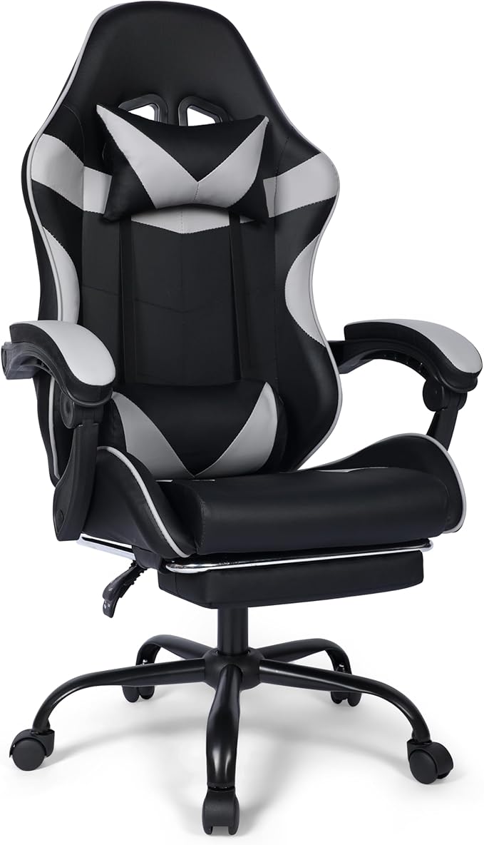 FAB&ampDeluxe Gaming Chair Ergonomic Computer Office Chair with Footrest and Lumbar Support Height Adjustable Desk Chair with 360° Swivel Seat and Headrest Grey &amp Black